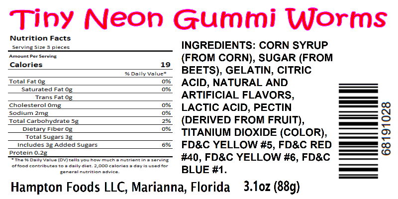 Extra small and extra sweet! Almost half the size of the Mini Neon Gummi Worms, the Tiny Neon Gummi Worms have a SWEET coating instead of sour. Perfect for eating, decorating, or adding as a topping on your favorite frozen treat.