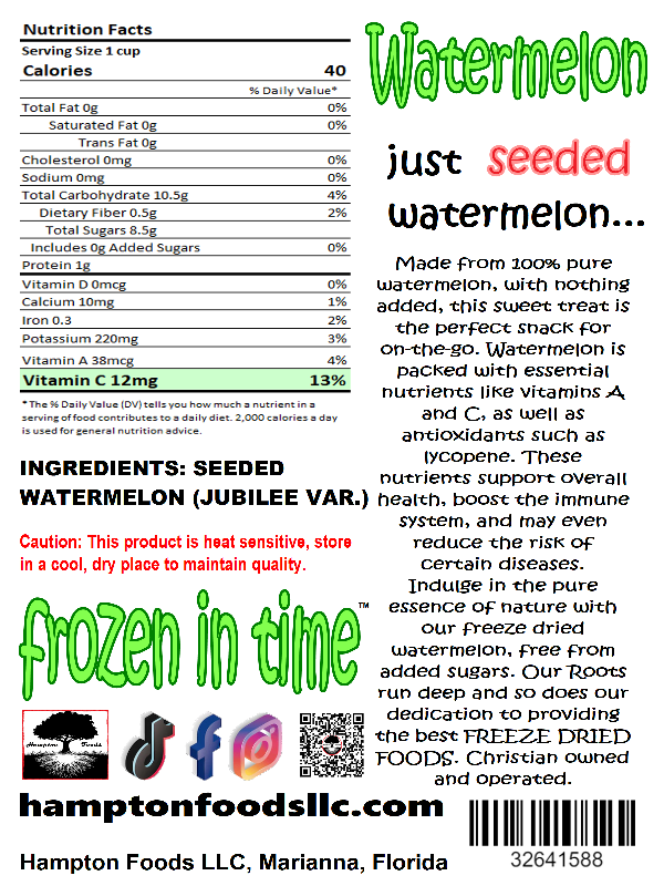 Experience the taste of summer all year with Hampton Foods' freeze-dried watermelon! Choose from seedless, seeded, or the zesty Tajin® and Chamoy variant. Enjoy a nutrient-packed, all-natural snack that's perfect for on-the-go, with 98% of its nutrients preserved.