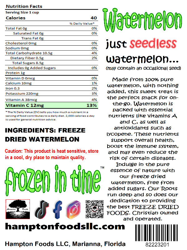 Experience the taste of summer all year with Hampton Foods' freeze-dried watermelon! Choose from seedless, seeded, or the zesty Tajin® and Chamoy variant. Enjoy a nutrient-packed, all-natural snack that's perfect for on-the-go, with 98% of its nutrients preserved.