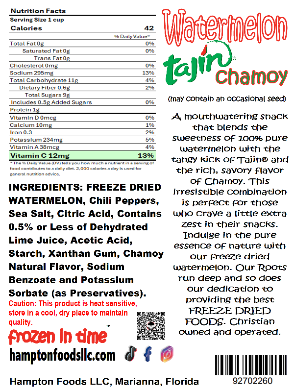 Experience the taste of summer all year with Hampton Foods' freeze-dried watermelon! Choose from seedless, seeded, or the zesty Tajin® and Chamoy variant. Enjoy a nutrient-packed, all-natural snack that's perfect for on-the-go, with 98% of its nutrients preserved.