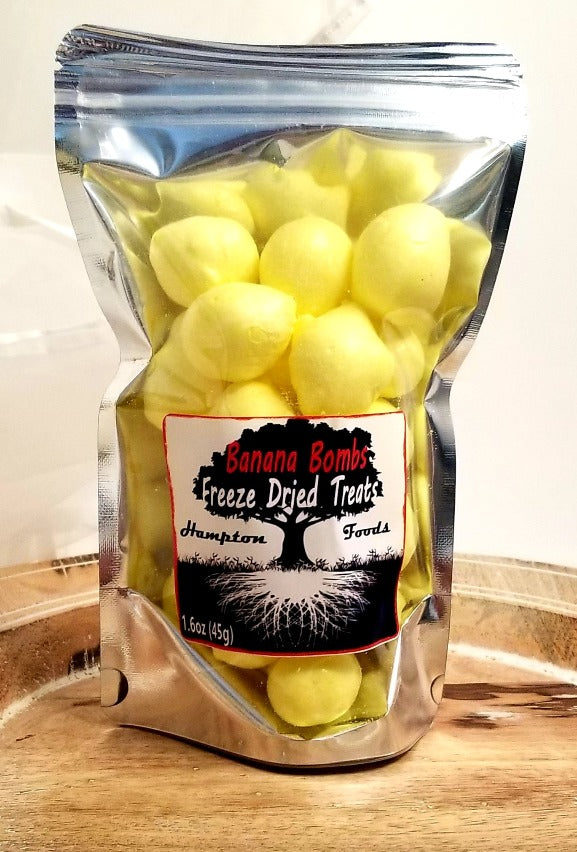 Banana Bombs, Hampton Foods Freeze Dried Salt Water Taffy has a crispy crunch and full of banana flavor that melts in your mouth like cotton candy. This item comes in a triple sealed, resealable 1.6oz bag.