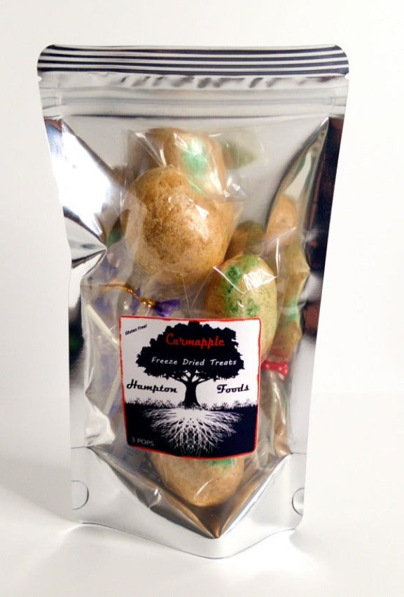 Carmapple is a freeze dried caramel and green apple flavored pop! A surprising airy crunch to a sweet and sour treat! 