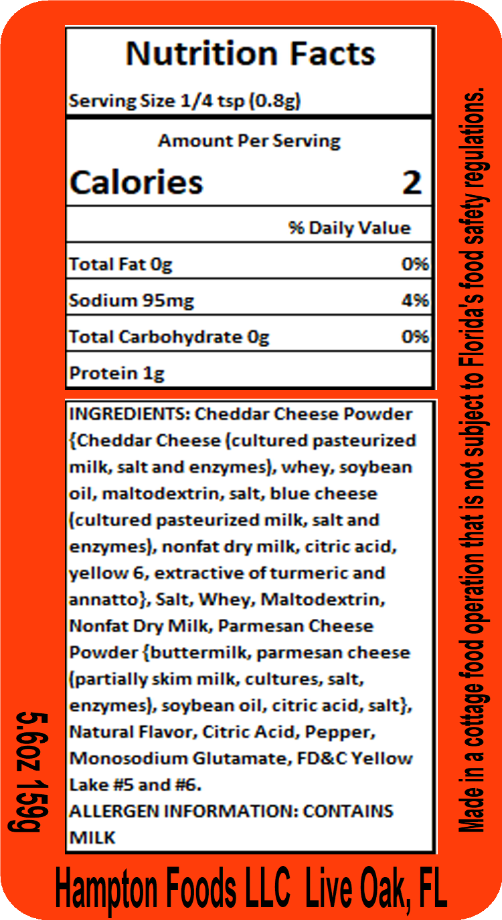Cheddar Cheese Popcorn Seasoning, a Highly Aromatic and Flavorful Blend. Medium Salt Level with Creamy and Cheesy Notes. Easy to use! For Best Flavor Attitude, Apply to Hot Popcorn, Even Better Coated in Oil.