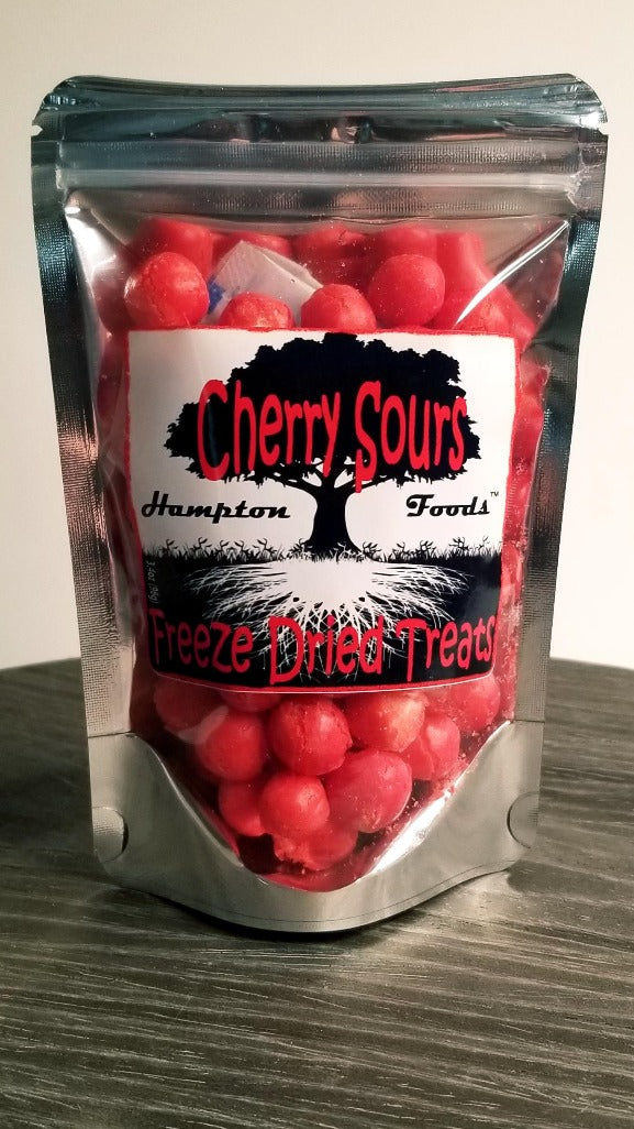Introducing Hampton Foods' delicious Cherry Sours candy, the perfect blend of intense sweet and sour flavors in every bite! Our freeze-dried cherry flavored candy is gluten-free and fat-free, making it the ideal treat for everyone.