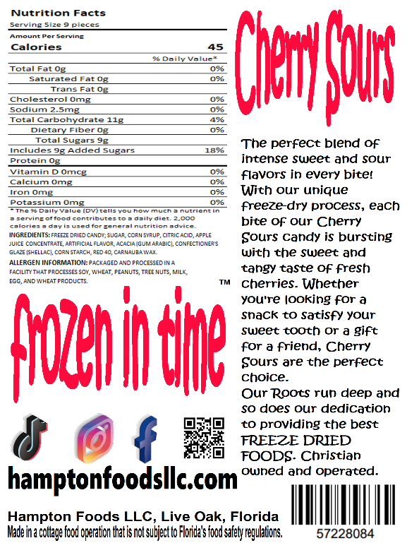 Introducing Hampton Foods' delicious Cherry Sours candy, the perfect blend of intense sweet and sour flavors in every bite! Our freeze-dried cherry flavored candy is gluten-free and fat-free, making it the ideal treat for everyone.