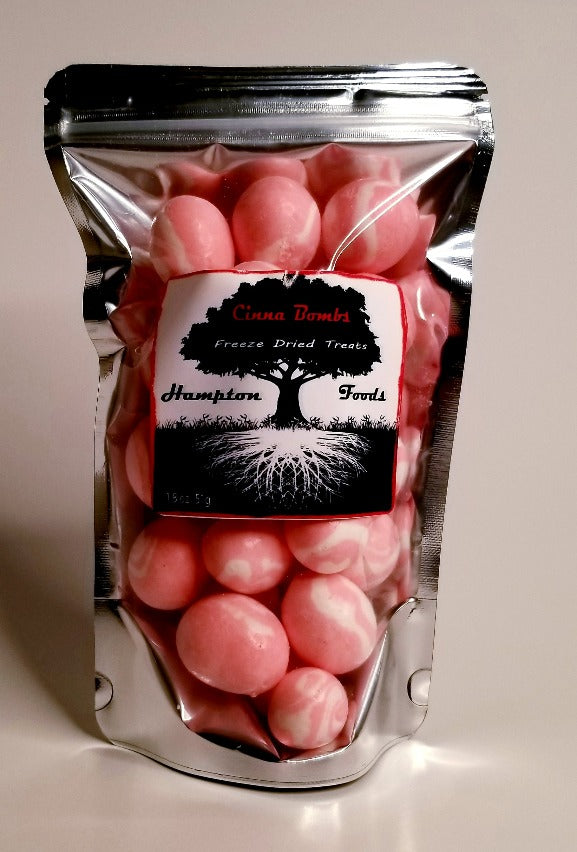 Cinna Bombs, Hampton Foods Freeze Dried Taffy that is a crispy crunch and full of cinnamon flavor that melts in your mouth like cotton candy. This item comes in a triple sealed 1.8oz bag.