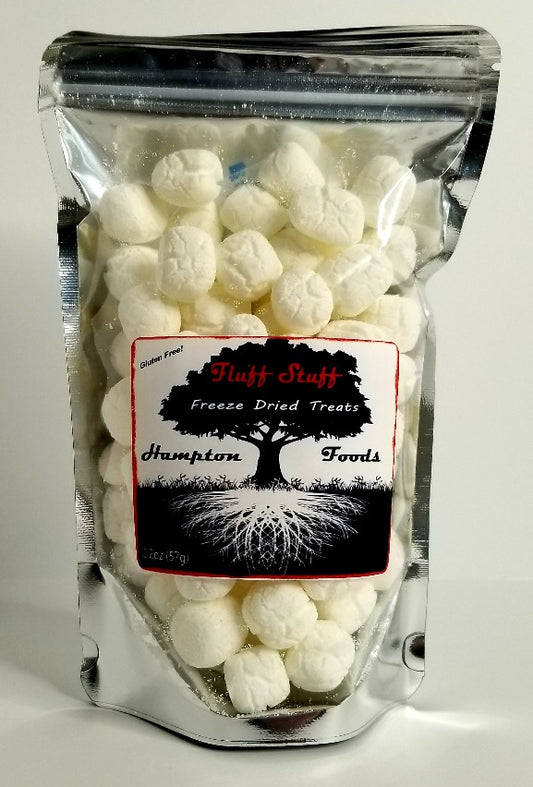 Fluff Stuff are highly addictive freeze dried marshmallows with a surprising crunch. Eat by the handful or put in your hot chocolate. This item comes in multiple sizes in triple sealed, resealable bag. Gluten Free