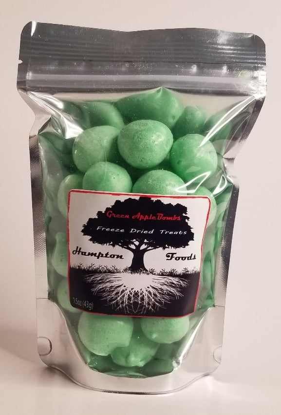 Green Apple Bombs, Hampton Foods freeze dried salt water taffy with a sweet and creamy flavor and amazing crunch that will keep you coming back whenever the cravings hit you! This item comes in a triple sealed, resealable 5x8 bag, 1.3 ounces.