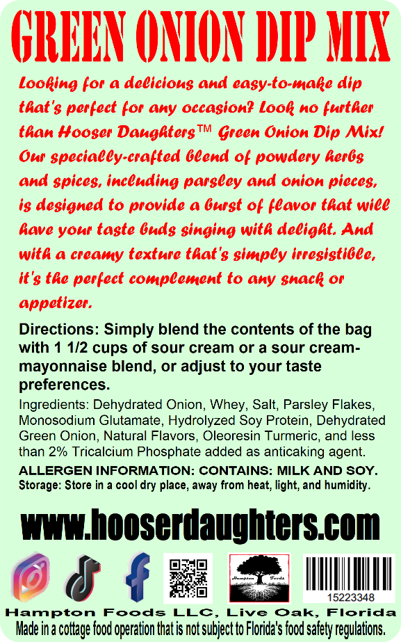 Looking for a delicious and easy-to-make dip that's perfect for any occasion? Look no further than Hooser Daughters™ Green Onion Dip Mix!  Our specially-crafted blend of powdery herbs and spices, including parsley and onion pieces, is designed to provide a burst of flavor that will have your taste buds singing with delight. And with a creamy texture that's simply irresistible, it's the perfect complement to any snack or appetizer.