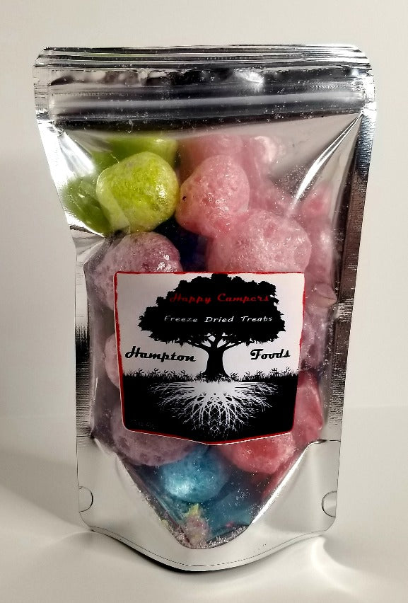  Happy Campers are a best seller, light & airy freeze dried flavor punch! Hampton Foods twist on an old favorite Jolly Ranchers. This item comes in multiple sizes. 