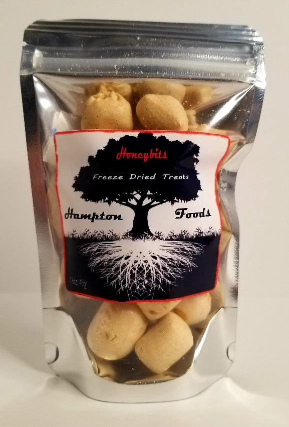 Honeybits are a Hampton Foods favorite! A wonderful crisp bite of freeze dried Bit-O-Honey. This candy consists of almond bits embedded in a honey-flavored taffy. This item comes in multiple sizes in a triple sealed, resealable bag.      