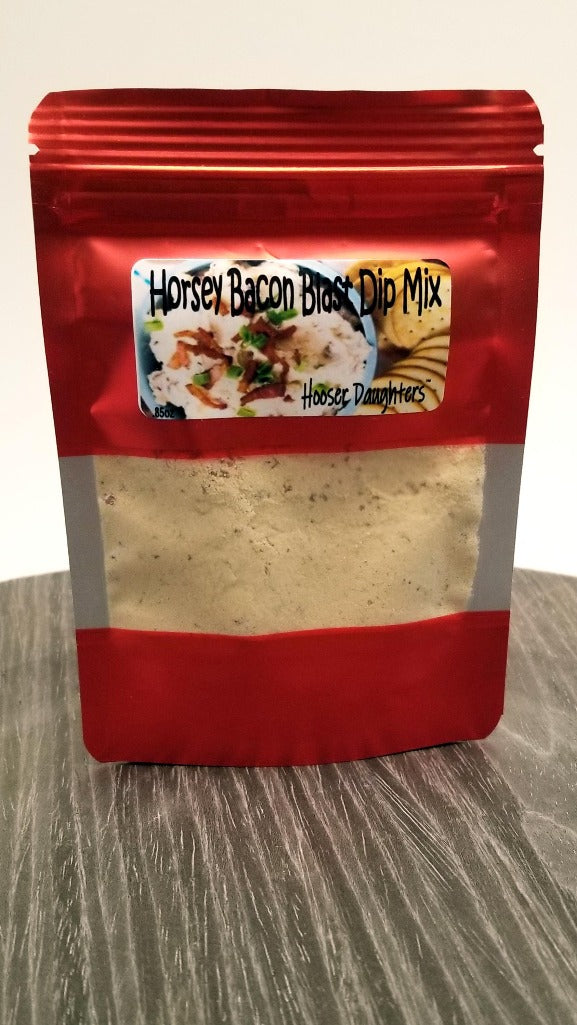 Introducing the ultimate party pleaser - Hooser Daughters™ Horsey Bacon Blast Dip Mix! If you're looking for a dip that packs a punch, this blend of horseradish, bacon, smoke, and savory notes is sure to take your taste buds on a wild ride.