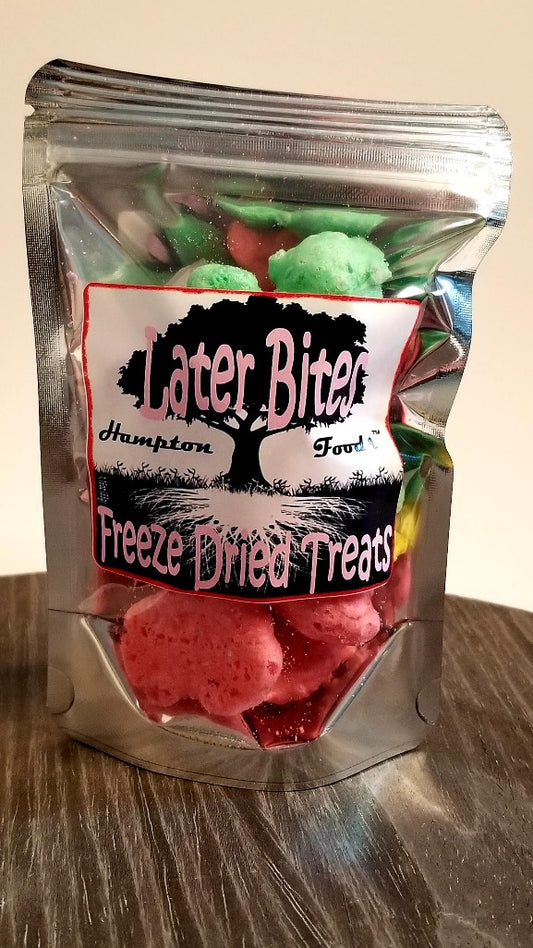 Introducing Later Bites from Hampton Foods - the delicious and long-lasting freeze-dried candy that you can enjoy anytime, anywhere!  Are you tired of candy that loses its flavor after just a few bites? Well, Later Bites is here to change that! With our unique freeze-drying process, you get a candy that retains its mouthwatering flavor for longer.