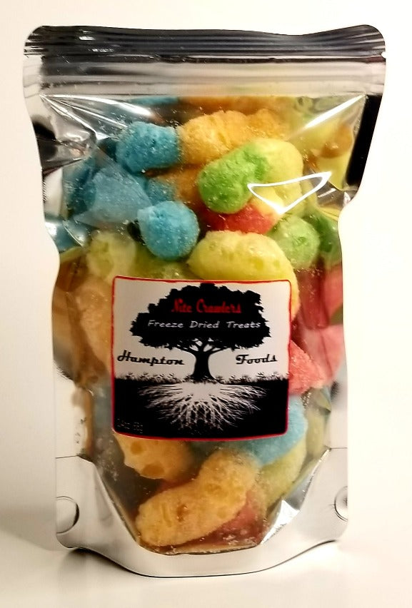 Nite Crawlers, a Hampton Foods freeze dried version of sour gummy worms, a crunchy textured bite. This item comes in multiple flavors in a 3oz triple sealed, resealable bag. 