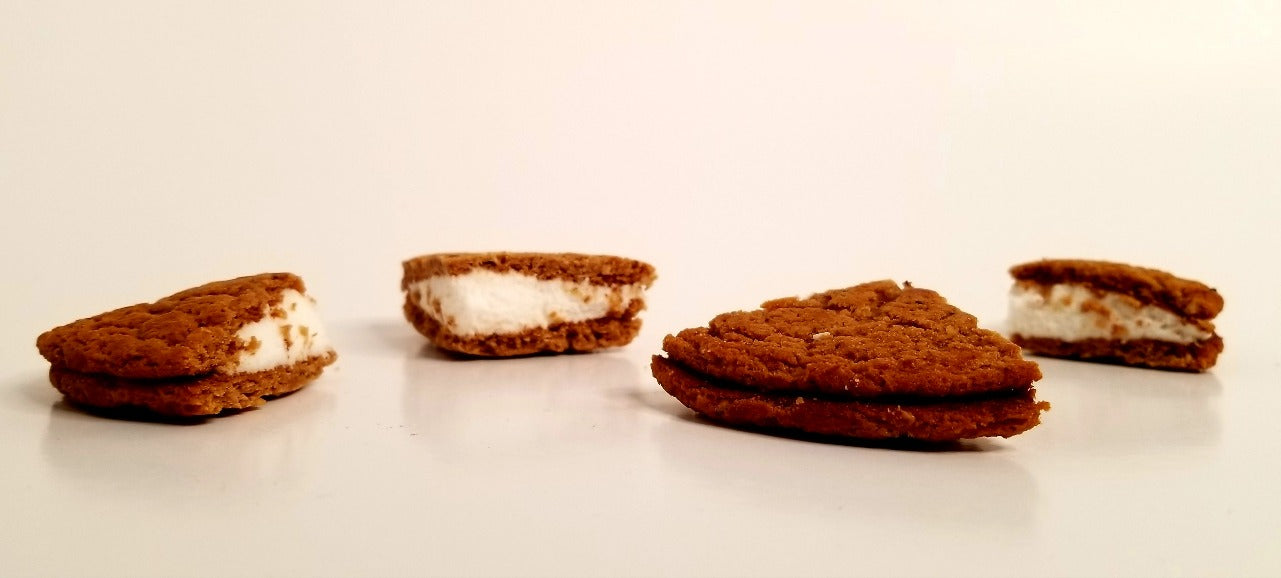 Oatmeal Creme Cookies, Hampton Foods freeze dried version of Oatmeal Creme Pies! This 3.9oz item comes in a triple sealed, resealable bag. They are amazing! The oatmeal layer has a cookie crunch with a soft creme filling inside. 