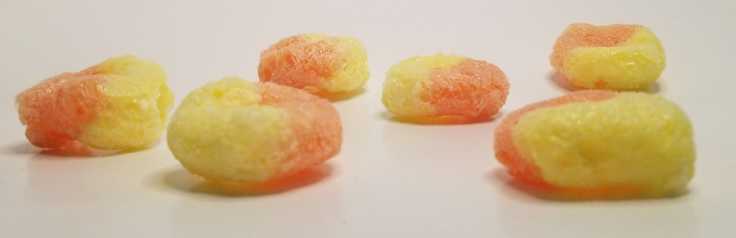 Peach Fizz is a Hampton Foods freeze dried version of gummy peach rings candy. A bite of peach without the juice running down your chin! Comes in a 3oz triple sealed, resealable bag.