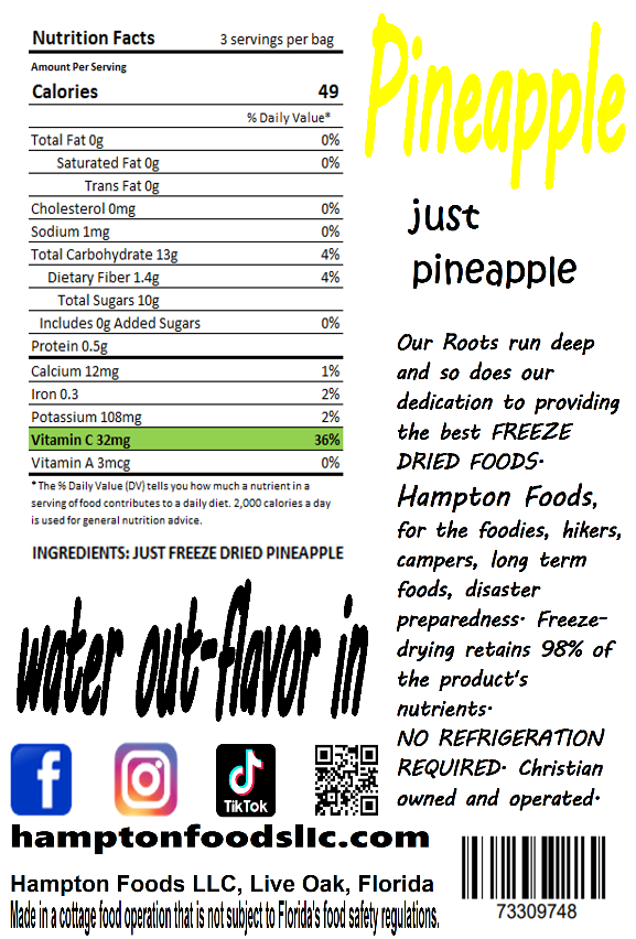 Pineapple is a perfect snack for on the go or just put some in your favorite smoothies in the morning for a delicious breakfast. They can also be used as toppings on yogurt, ice cream and more. A healthy freeze dried treat! Packaged in a triple sealed, resealable bag. 