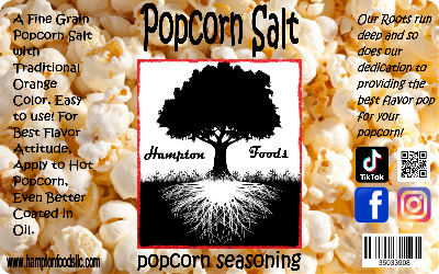 Popcorn Salt, a Fine Grain Popcorn Salt with Traditional Orange Color. Easy to use, a Little Goes a Long Way! For Best Flavor Attitude, Apply to Hot Popcorn, Even Better Coated in Oil.