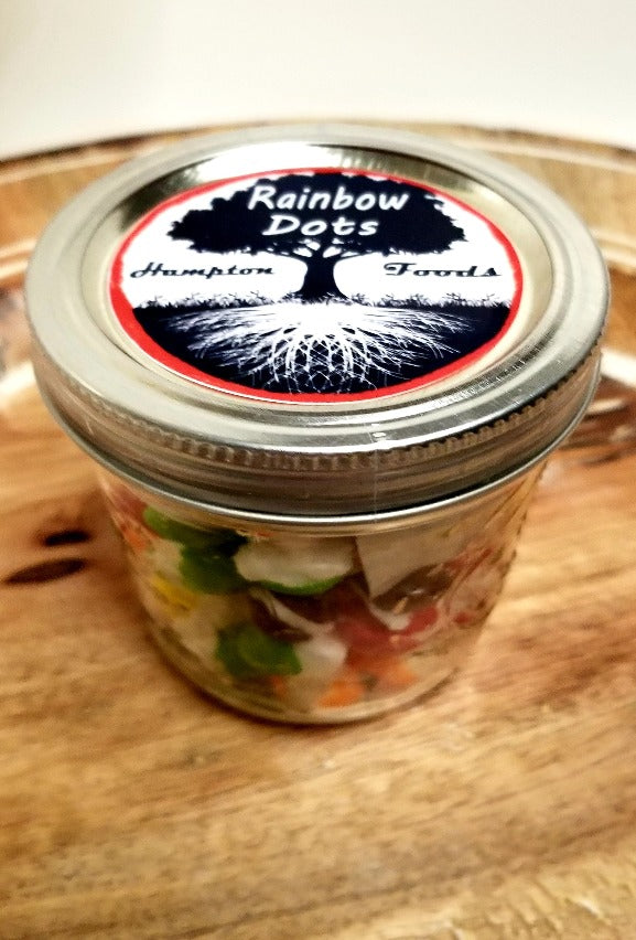 Rainbow Dots, Hampton Foods freeze dried twist on an old candy favorite. Flavor is intensified and has a crunch instead of a chew, a flavor burst on your tongue.