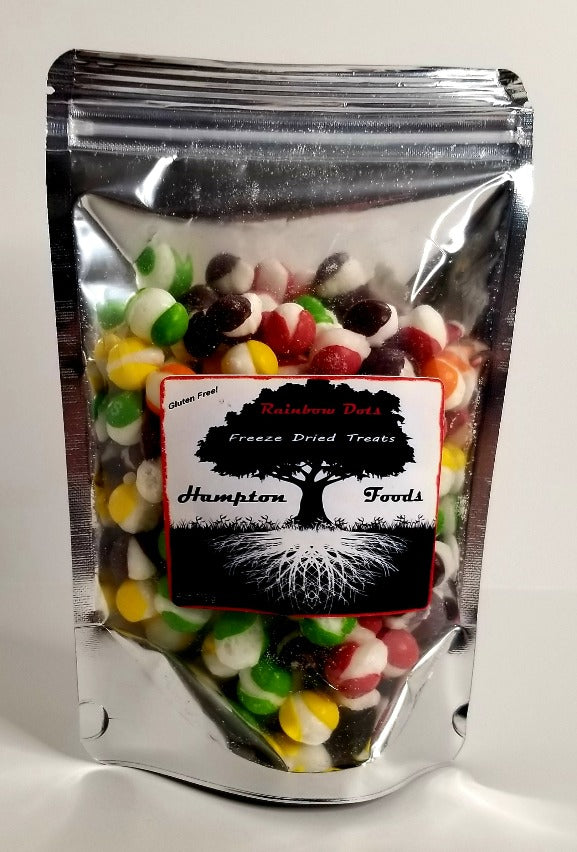 Rainbow Dots, Hampton Foods freeze dried twist on an old candy favorite, Skittles. Flavor intensified with a crunch instead of chewy, a flavor burst on your tongue. This item comes in multiple sizes. Triple sealed, resealable bag. 