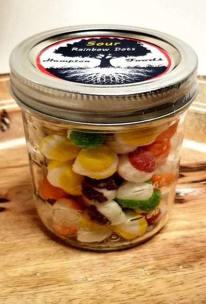 Rainbow Dots, Hampton Foods freeze dried twist on an old candy favorite. Flavor is intensified and has a crunch instead of a chew, a flavor burst on your tongue.