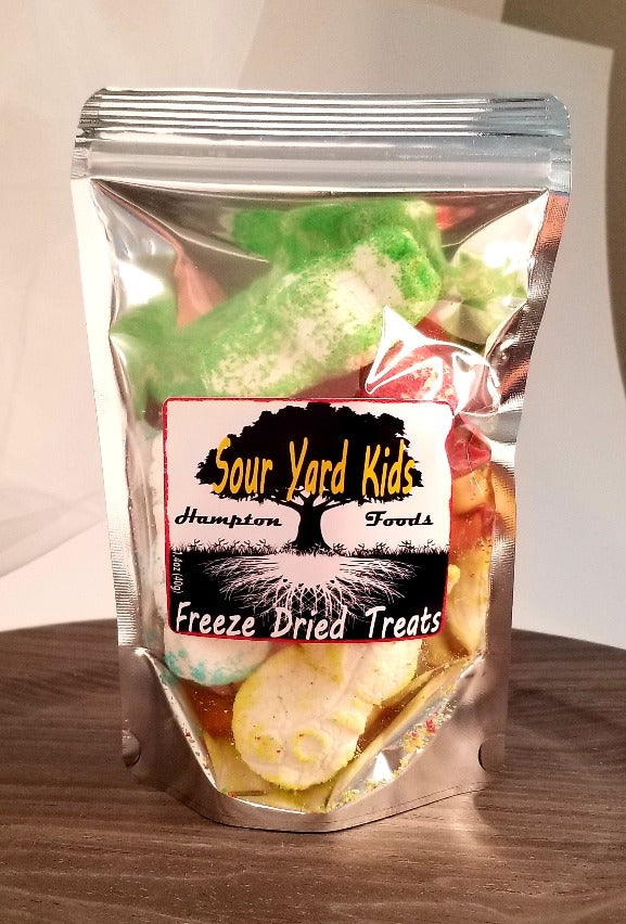 Sour Yard Kids, their sour then sweet! A freeze dried marshmallow treat with a sour sugar coating. Random Assorted Flavors: Redberry, Lime, Blue Raspberry, Lemon, & Orange.