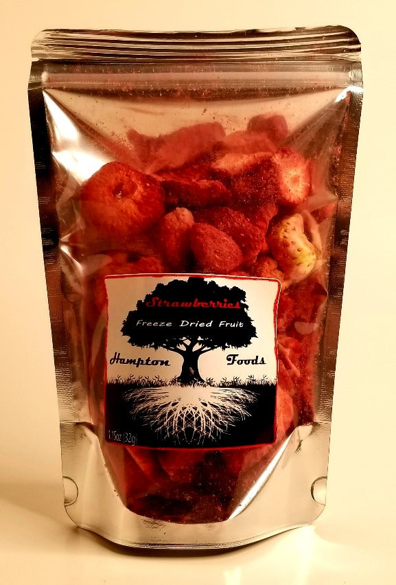 Hampton Foods Freeze Dried Strawberries. Freeze drying significantly reduces weight of the strawberries but preserves all of the nutrients. A 1.15 ounce bag is equal to 14 ounces of fresh strawberries. Easily added to drink mixes, salads, or eaten straight out of the bag while on the go. This item comes in a 1.15oz triple sealed, resealable bag.   