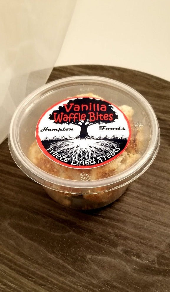Naturally Vanilla flavored Waffle Bites are Hampton Foods freeze dried version of the same treats many health-aware people already trust. Once freeze dried the vanilla honey infused flavor is intensified with a vanilla ice cream cone twist! Yum!! Water out-flavor in....