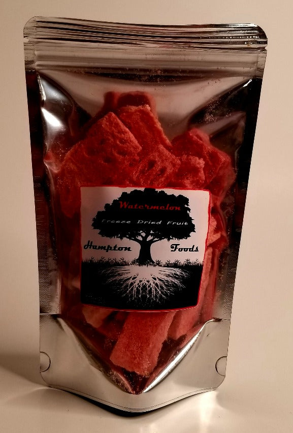 Hampton Foods Freeze Dried Watermelon. Freeze drying significantly reduces weight of the watermelon but preserves all of the nutrients. A 1.15 ounce bag is equal to 14 ounces of fresh watermelon. Easily added to drink mixes, salads, or eaten straight out of the bag while on the go. This item comes in a 1.15oz triple sealed, resealable bag.