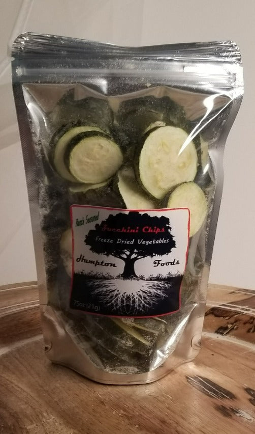 Zucchini Chips, delicious fresh zucchini slices freeze dried then lightly sprinkled with Homestyle Ranch Seasoning. Comes in a triple sealed, resealable window bag. The .75oz finished product is equal to one medium whole zucchini.
