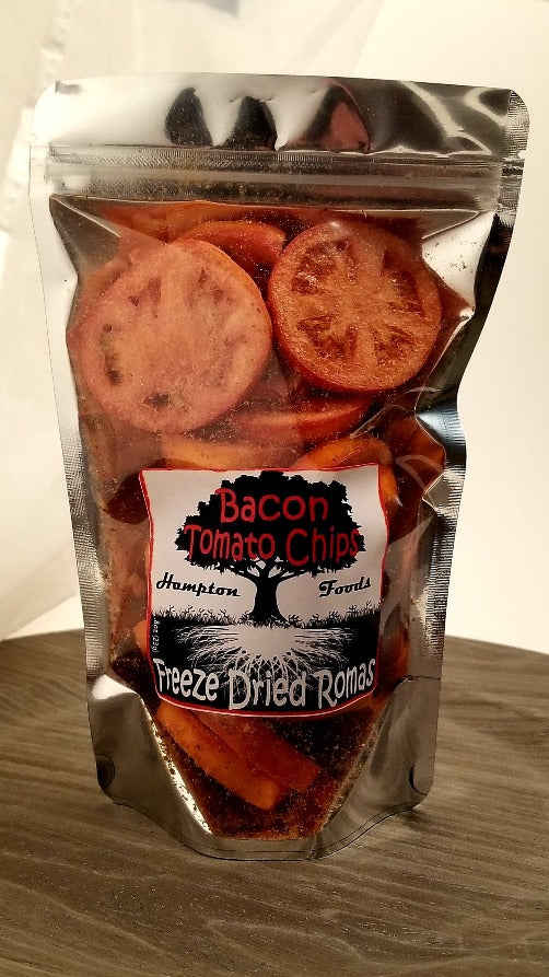 Bacon Tomato Chips, delicious fresh tomato slices freeze dried then lightly seasoned with bacon seasoning. Comes in a triple sealed, resealable window bag. The .80oz finished product is equal to two large Roma tomatoes.