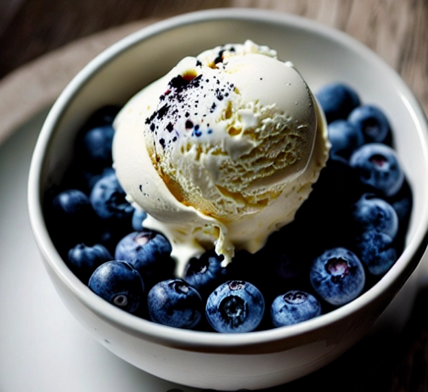 vanilla ice cream on top of whole blueberries in a bowl
