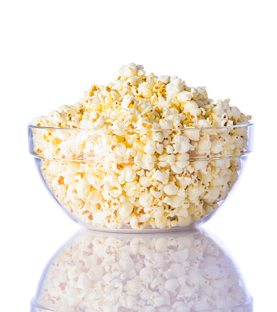 popcorn in a glass bowl with reflection